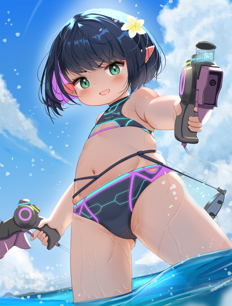 1girl, bikini, black_hair, commentary_request, final_fantasy, final_fantasy_xiv, flat_chest, flower, green_eyes, hair_flower, hair_ornament, holding, lalafell, multicolored_hair, navel, outdoors, pointy_ears, shelldy, short_hair, solo, sugar_riot, swimsuit, two-tone_hair, water