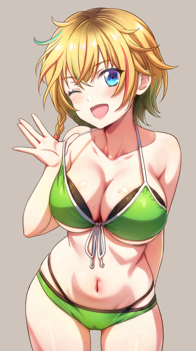 bikini, blonde_hair, blue_eyes, breasts, cleavage, colored_inner_hair, highres, idolmaster