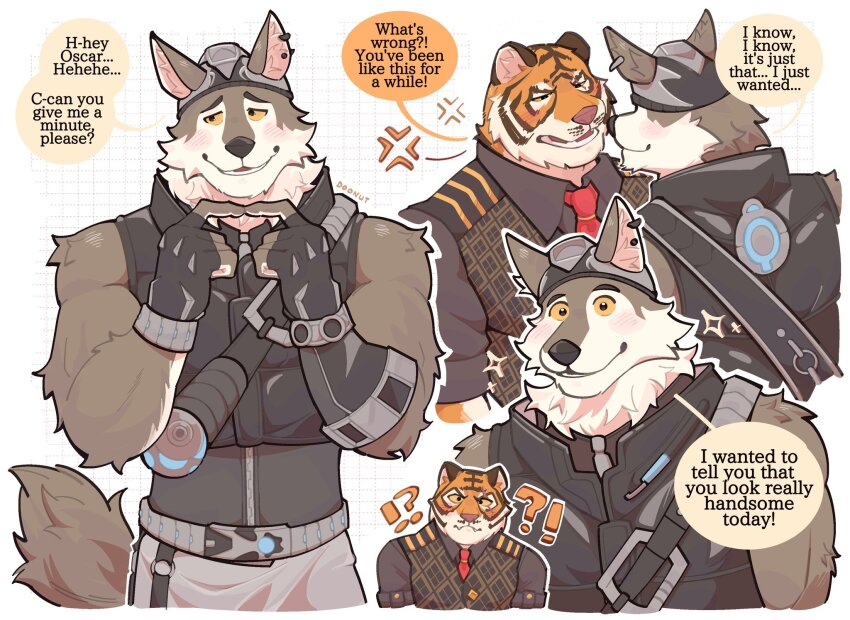 !?, anger_vein, animal_ears, annoyed, artist_name, biceps, black_shirt, black_vest