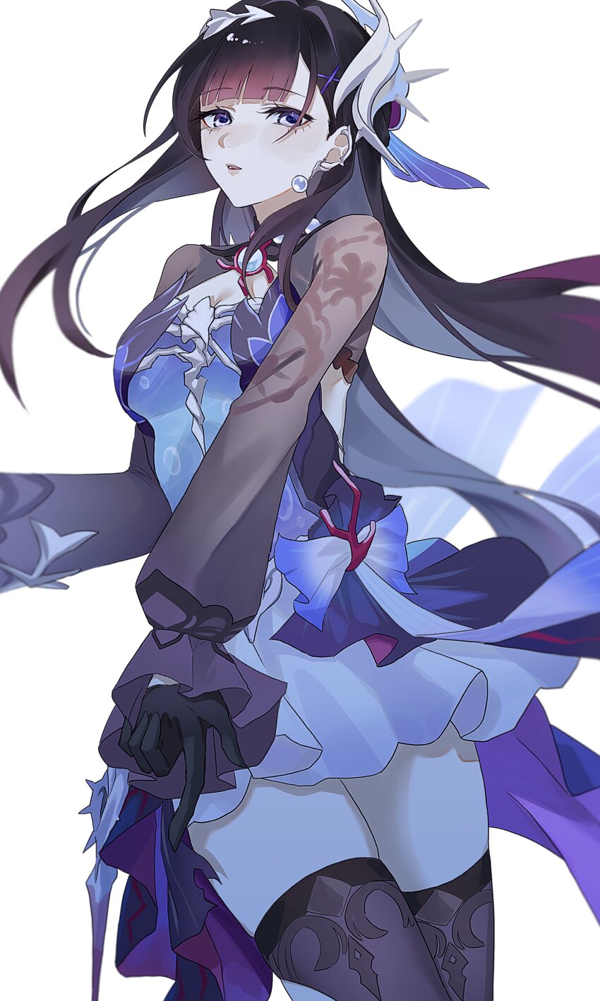 1girl, absurdres, black_thighhighs, blue_eyes, blunt_bangs, blurry, blurry_background, breasts