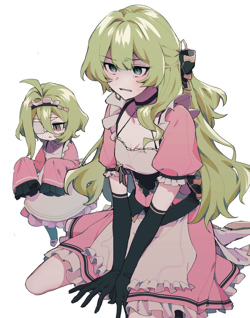 2girls, absurdres, ahoge, apron, black_gloves, dress, eyepatch, gloves