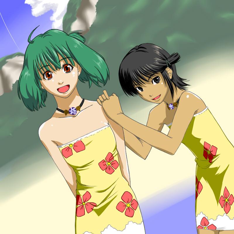 00s, 2girls, bare_shoulders, beach, black_eyes, black_hair, crossover, dark-skinned_female, dark_skin, dress, dutch_angle, female_focus, flat_chest, green_hair, hand_on_shoulder, hands_on_shoulder, happy, jewelry, macross, macross_frontier, macross_zero, mao_nome, mountain, multiple_girls, necklace, open_mouth, ranka_lee, red_eyes, short_hair, sky, smile, strapless, strapless_dress, sundress