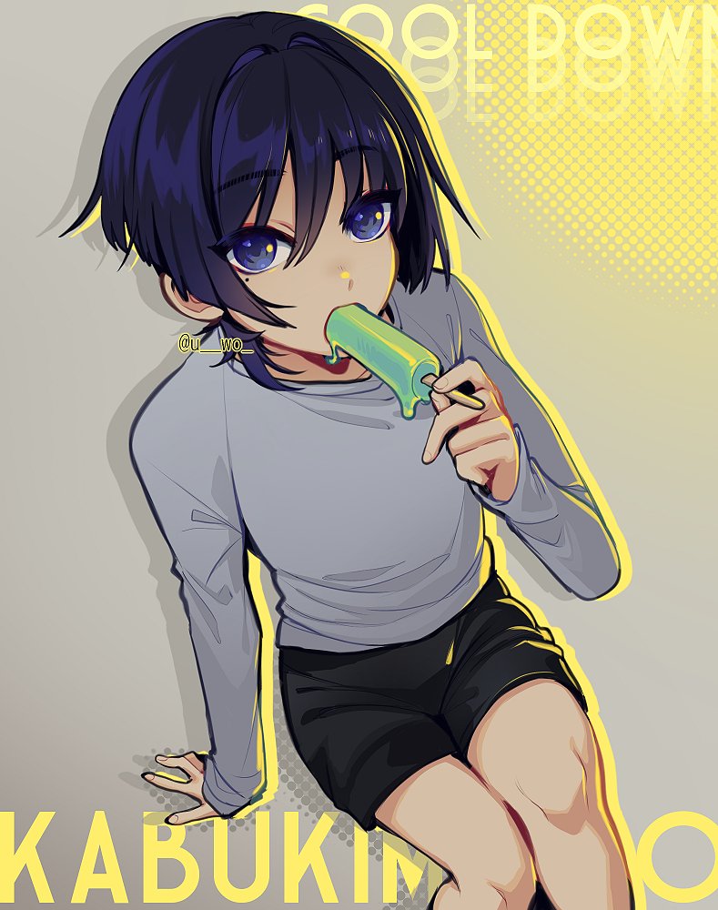 1boy, alternate_costume, androgynous, arm_at_side, arm_support, black_hair, black_shorts, blunt_ends, carbuncly, casual, character_name, choppy_bangs, contemporary, eyeliner, eyeshadow, fingernails, food, food_in_mouth, genshin_impact, grey_shirt, grey_sleeves, hair_intakes, hand_up, holding, holding_food, holding_popsicle, long_sleeves, looking_at_viewer, looking_up, makeup, male_focus, melting_popsicle, mole, mole_under_eye, multicolored_hair, popsicle, popsicle_in_mouth, purple_eyes, purple_hair, red_eyeliner, red_eyeshadow, scaramouche_(genshin_impact), scaramouche_(kabukimono)_(genshin_impact), shirt, shorts, solo, streaked_hair, tsurime, twitter_username