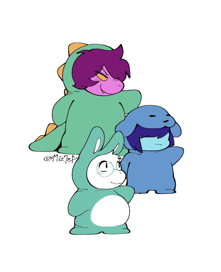 1boy, 1girl, 1other, animal_costume, animal_ears, artist_name, blue_hair, blue_skin