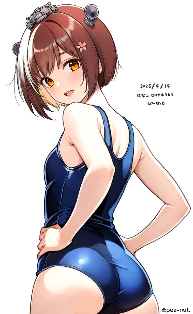 1girl, ass, back, blue_one-piece_swimsuit, blush, brown_eyes, brown_hair, dated