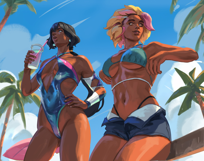 2girls, adjusting_clothes, black_hair, blonde_hair, cowboy_shot, dark-skinned_female, dark_skin, elaim