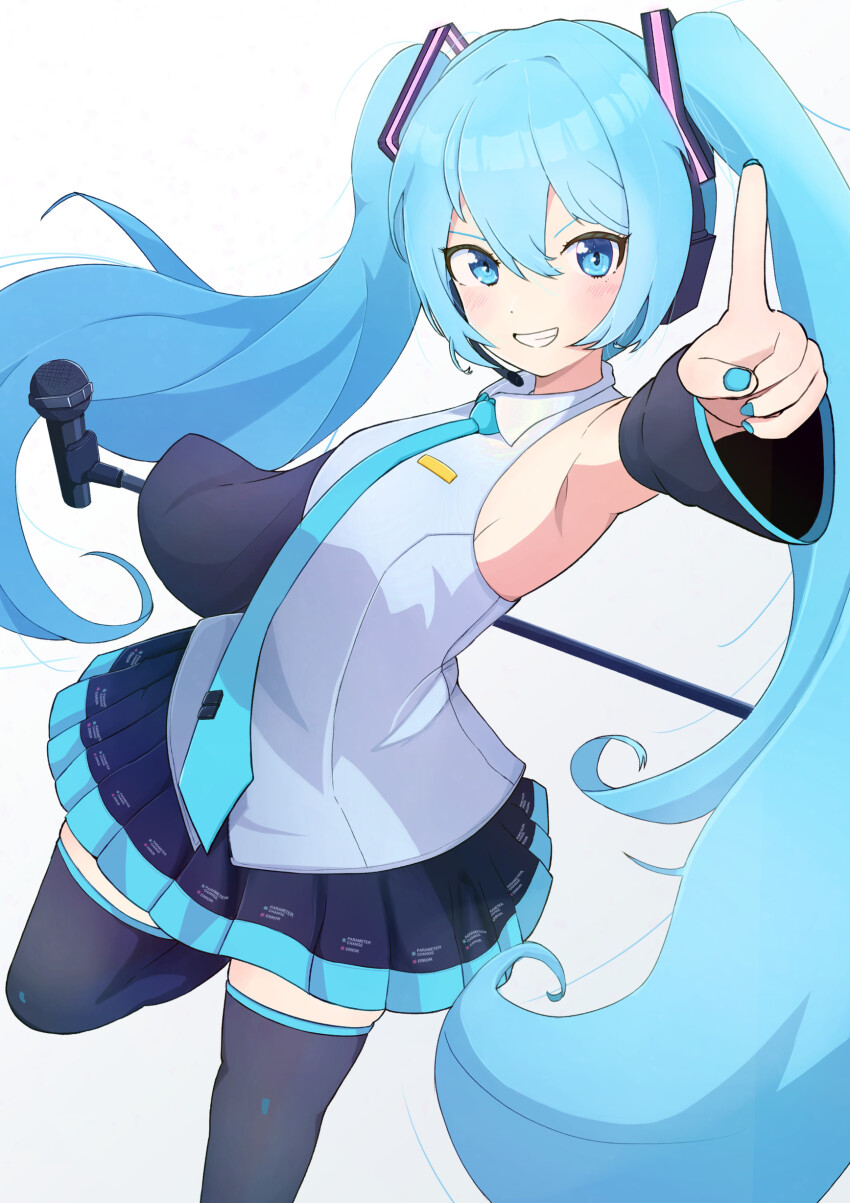 1girl, absurdres, aqua_eyes, aqua_hair, aqua_nails, aqua_necktie, armpits, black_skirt, black_thighhighs, blush, breasts, detached_sleeves, hair_between_eyes, hair_ornament, hatsune_miku, highres, holding, holding_microphone_stand, index_finger_raised, long_hair, long_sleeves, looking_at_viewer, medium_breasts, microphone, microphone_stand, miku_day, necktie, nikochiku, parted_lips, simple_background, skirt, smile, solo, thighhighs, twintails, very_long_hair, vocaloid, white_background, wide_sleeves, zettai_ryouiki