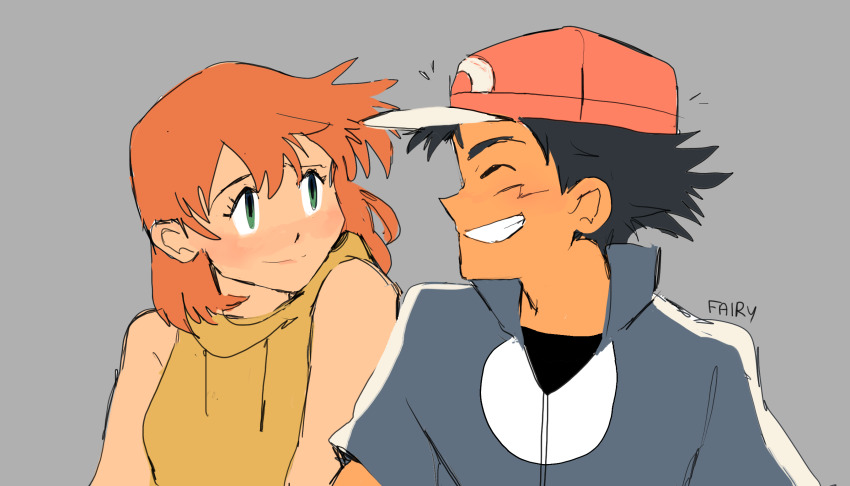 1boy, 1girl, aged_up, ash_ketchum, baseball_cap, black_hair, closed_eyes, fairybees
