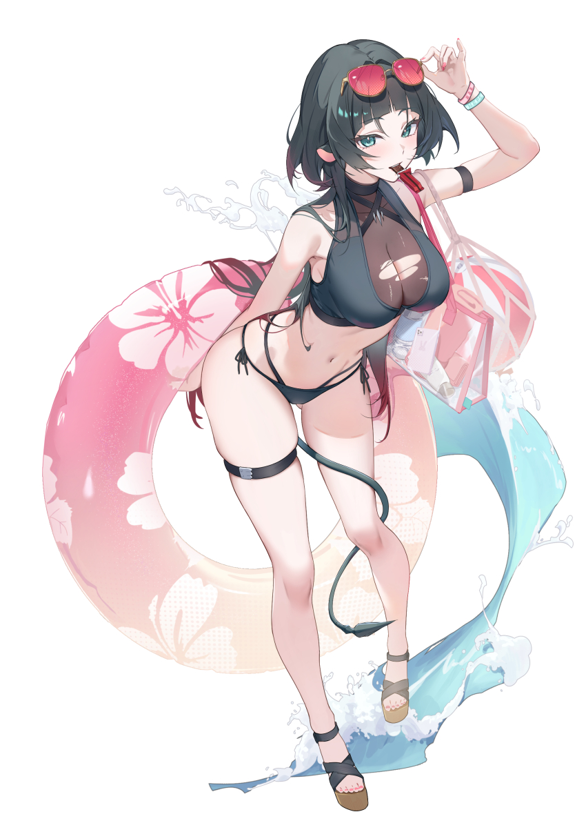 1girl, absurdres, animal_ears, arm_strap, bag, bikini, black_bikini, black_hair, breasts, chamaru5963, eyewear_on_head, food_in_mouth, full_body, green_eyes, highres, holding, holding_swim_ring, innertube, jane_doe_(zenless_zone_zero), large_breasts, long_hair, mouse_ears, mouse_girl, mouse_tail, navel, pink-framed_eyewear, shoulder_bag, smile, string_bikini, swim_ring, swimsuit, tail, tail_around_own_leg, thigh_strap, torn_cloth, very_long_tail, zenless_zone_zero