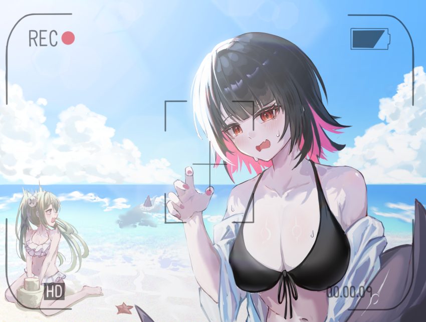 2girls, bare_shoulders, beach, bikini, black_bikini, black_hair, blue_eyes, blush