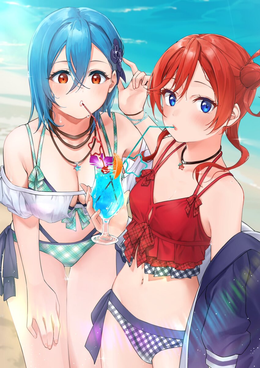 2girls, arm_out_of_sleeve, bare_shoulders, beach, bikini, black_bikini, black_jacket, blue_eyes