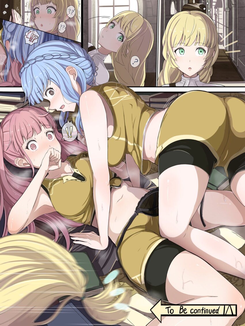 !, !!, 3girls, ?, ??, accident, ass, black_bra, black_shorts, blonde_hair, blue_hair, blunt_bangs, blush, bra, braid, breasts, brown_eyes, caught, cleavage, confused, crop_top, crown_braid, embarrassed, fire_emblem, fire_emblem:_three_houses, fleeing, garreg_mach_monastery_uniform, green_eyes, highres, hilda_valentine_goneril, indoors, ingrid_brandl_galatea, large_breasts, long_hair, marianne_von_edmund, medium_breasts, midriff, multiple_girls, navel, nenemu0, nintendo, open_mouth, pink_eyes, pink_hair, shirt, short_hair, shorts, shorts_under_shorts, stomach, surprised, tripping, twintails, underwear, white_shirt, yellow_shirt, yellow_shorts, yuri