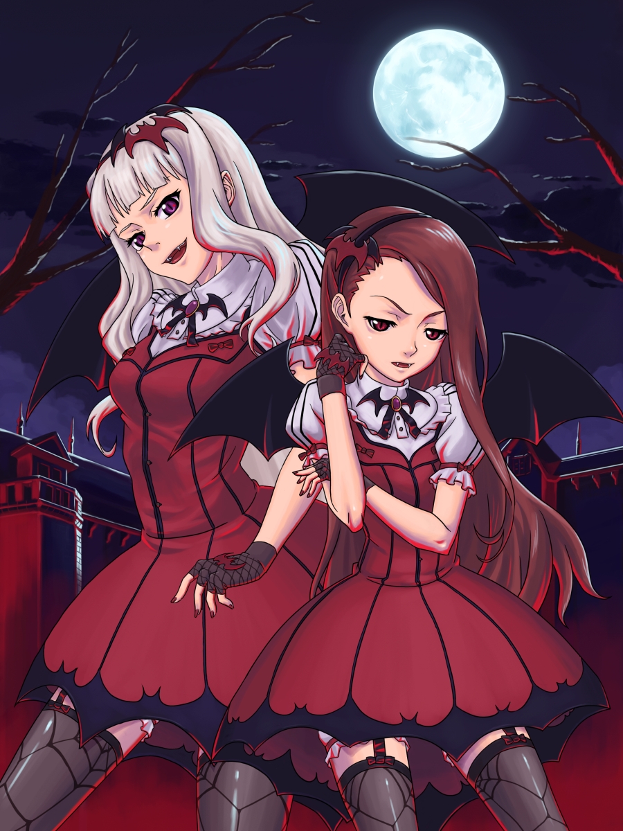 10s, 2girls, bat_wings, brown_hair, fangs, fingerless_gloves, full_moon, gloves