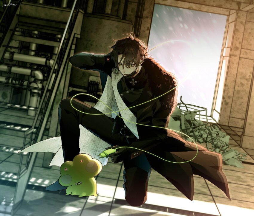 1boy, backlighting, bags_under_eyes, brown_coat, brown_hair, cannot_be_empty, charger, coat, curtained_hair, frog, full_body, fur_collar, glowing, green_eyes, hand_on_own_face, haze, highres, male_focus, on_one_knee, open_door, rain, robo_frostor, serious, short_hair, skoshism, solo, stairs, stairwell, tile_floor, tile_wall, tiles, white_coat
