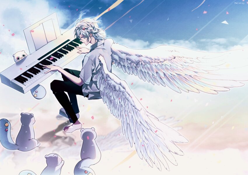 1boy, animal, barefoot, cannot_be_empty, chromatic_aberration, closed_eyes, cloud, feathered_wings