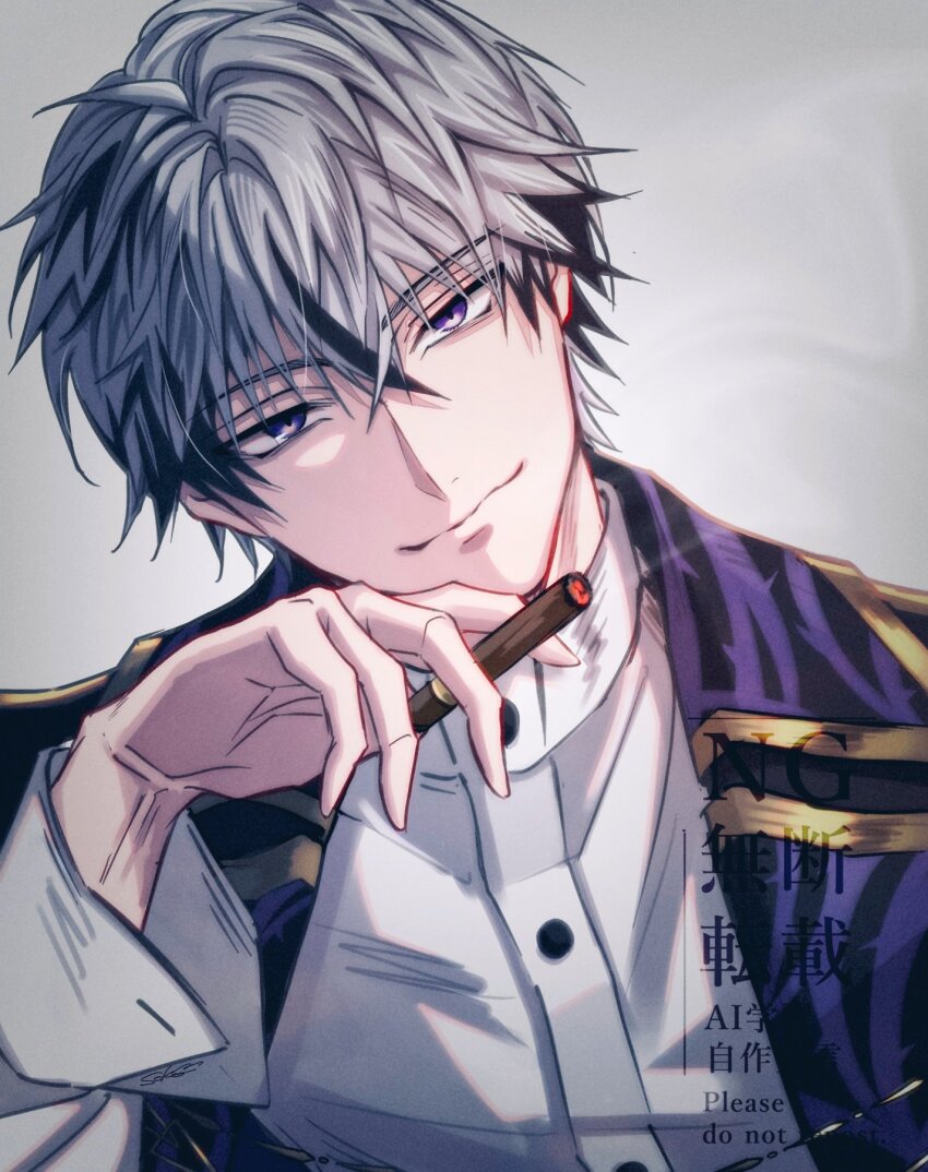1boy, black_hair, cigarette, grey_background, highres, holding, holding_cigarette, ikemen_villain
