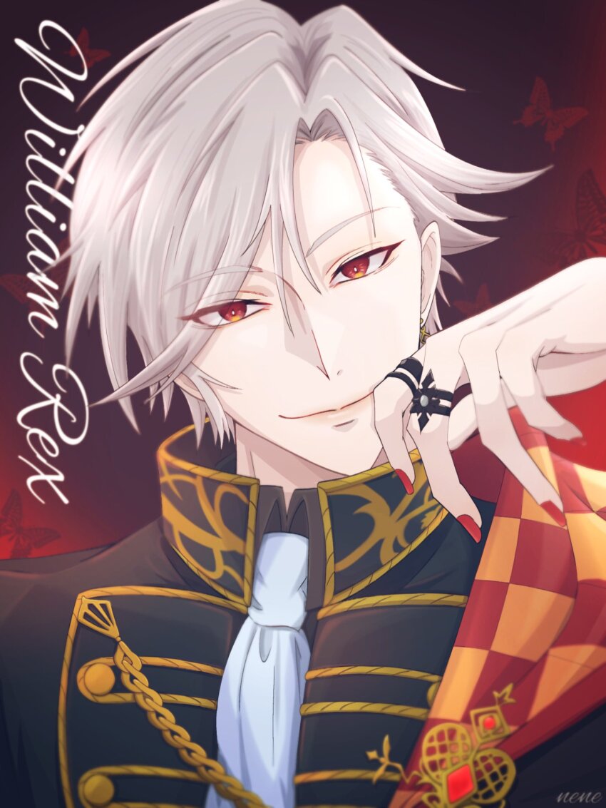 1boy, bug, butterfly, character_name, earrings, highres, ikemen_villain, insect