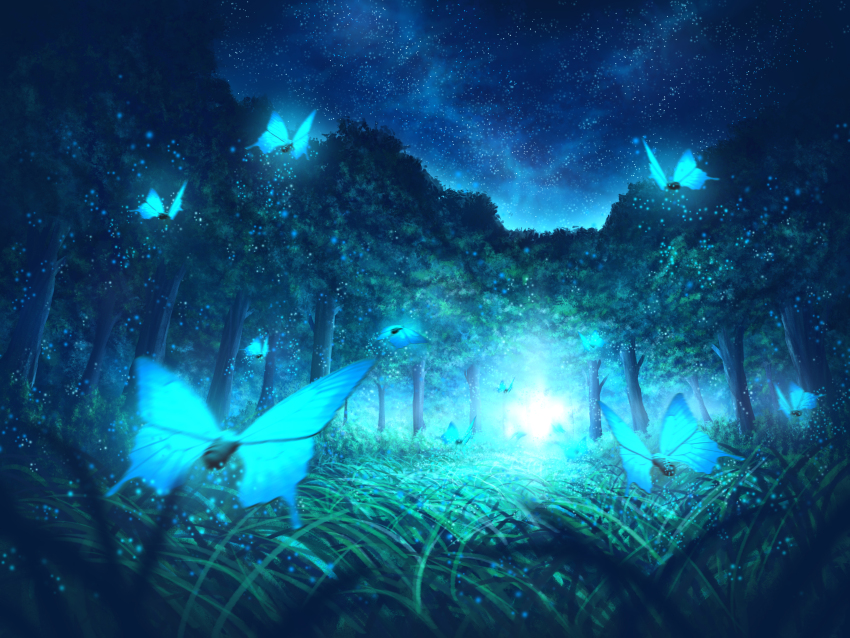 absurdres, au_ito, bug, commentary_request, forest, glowing_animal, grass, highres