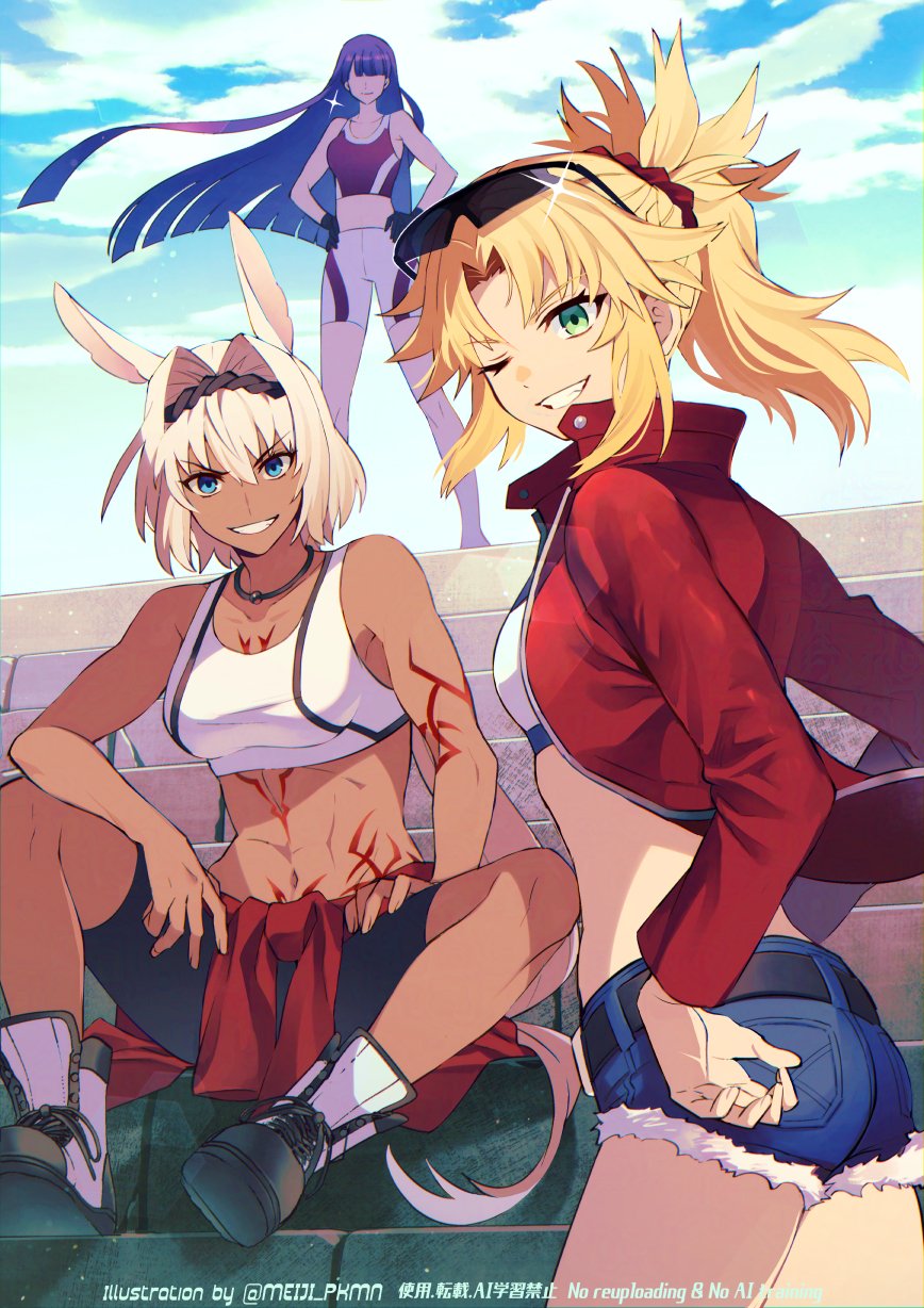 3girls, adapted_costume, animal_ears, artist_name, bare_shoulders, belt, black_gloves, black_hairband