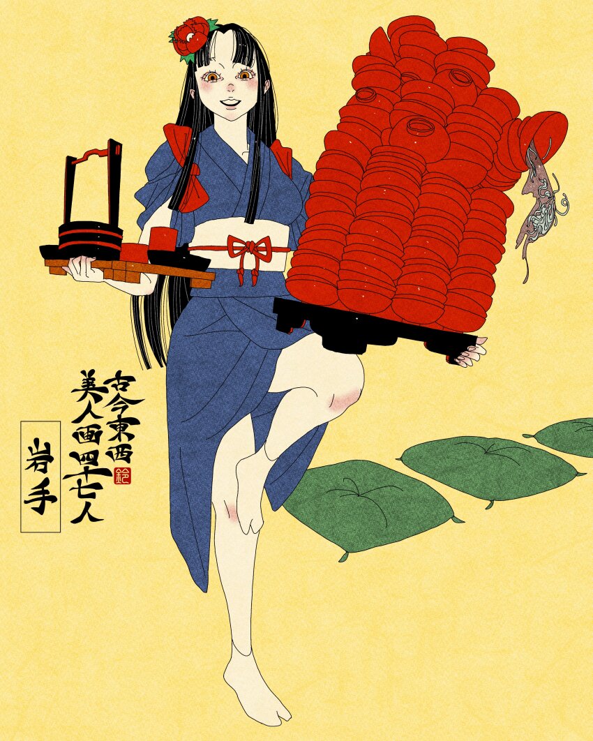 1girl, absurdres, artist_logo, barefoot, black_hair, blue_kimono, bowl, commentary