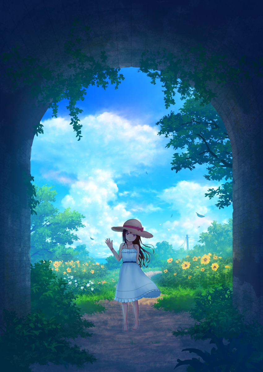 1girl, absurdres, au_ito, bare_arms, barefoot, bird, black_hair, blue_sky