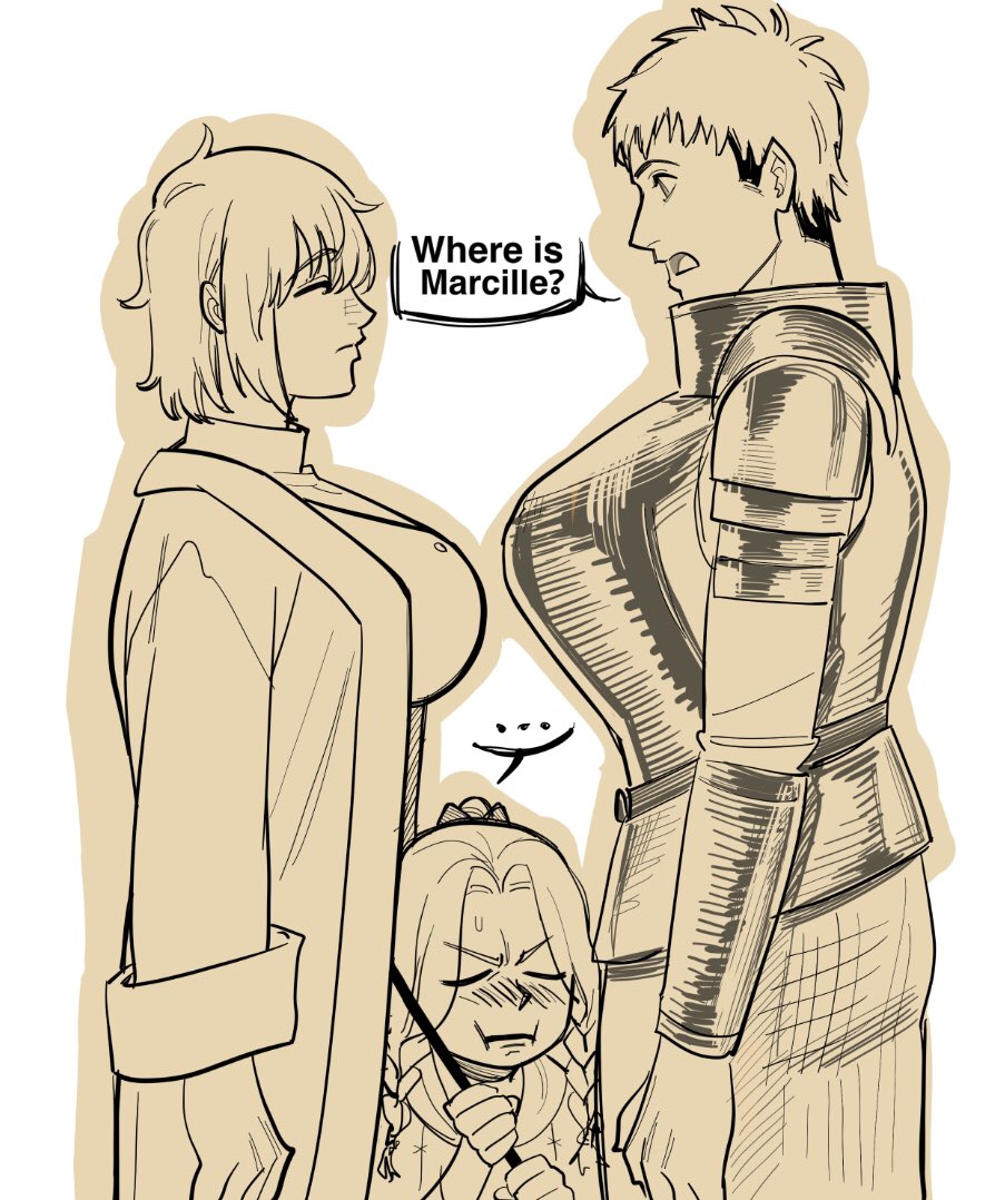 ..., 1boy, 2girls, armor, blind_spot_(meme), blush, breasts, brother_and_sister, drugsandsocks, dungeon_meshi, falin_touden, falin_touden_(tallman), laios_touden, large_breasts, large_pectorals, marcille_donato, meme, multiple_girls, multiple_monochrome, nose_blush, pectorals, pout, siblings, simple_background, speech_bubble, spoken_ellipsis, white_background