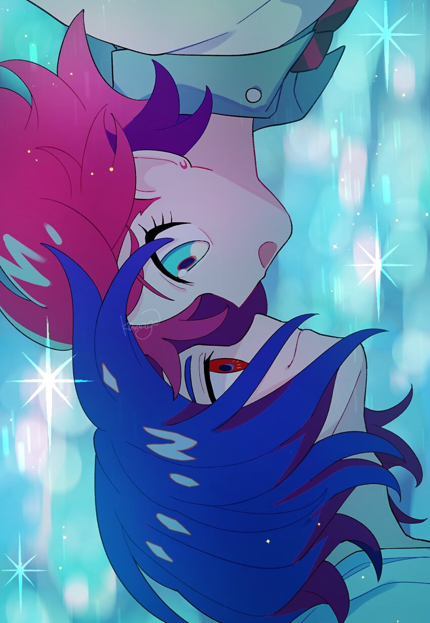 1boy, 1girl, amate_yuzuriha, aqua_eyes, artist_name, blue_hair, closed_mouth, commentary_request