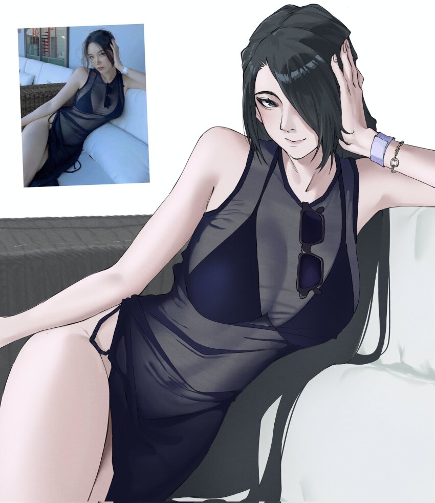 1girl, azuma_fubuki, breasts, cleavage, covered_navel, dress, grey_hair, highres