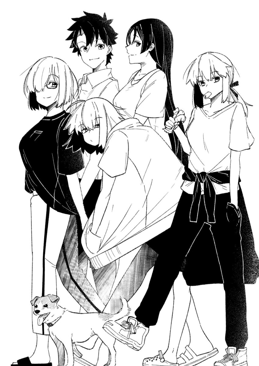 1boy, 4girls, ahoge, alternate_costume, animal, arms_behind_back, artoria_pendragon_(fate), clothes_around_waist