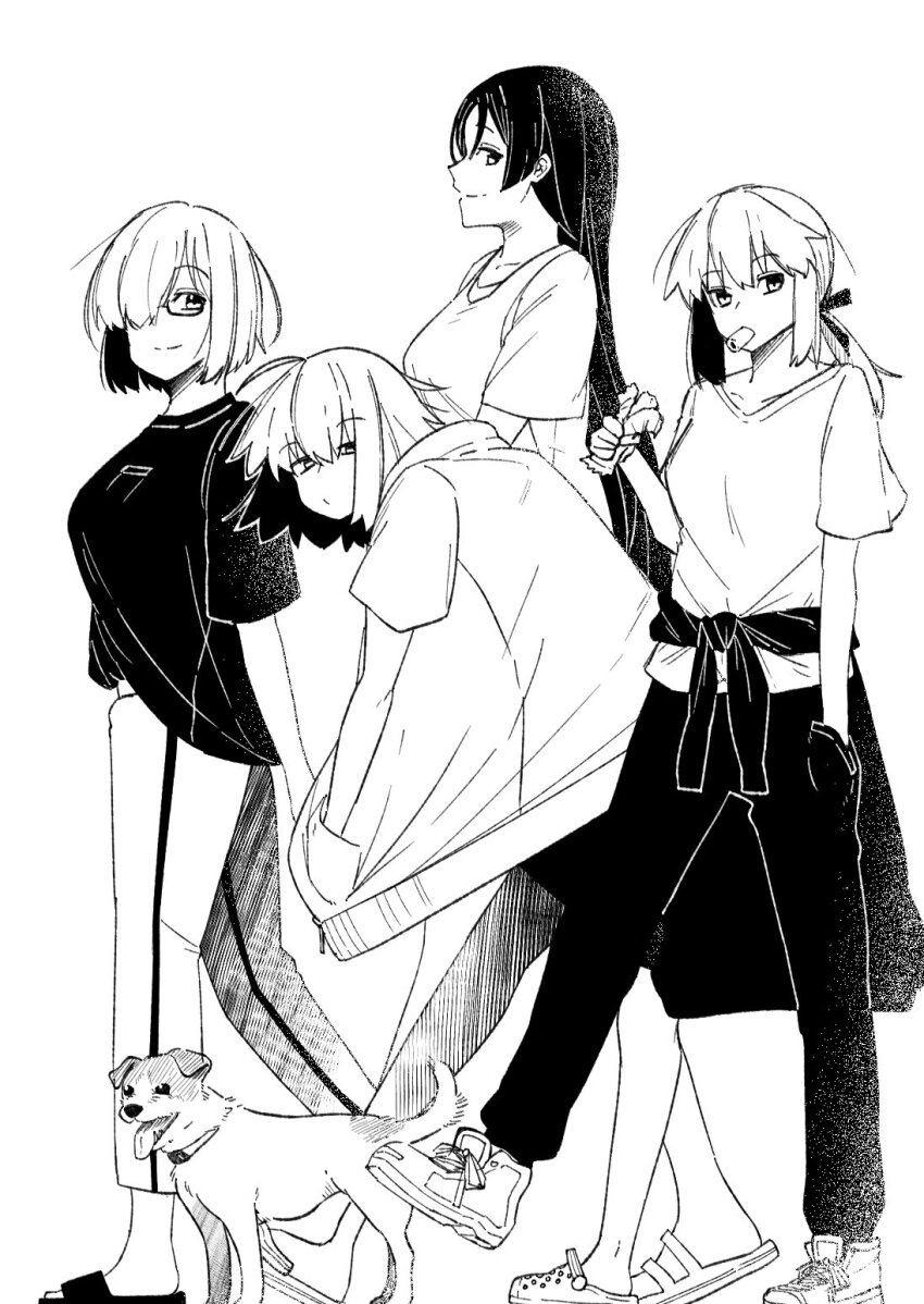4girls, ahoge, alternate_costume, animal, arms_behind_back, artoria_pendragon_(fate), clothes_around_waist, contemporary