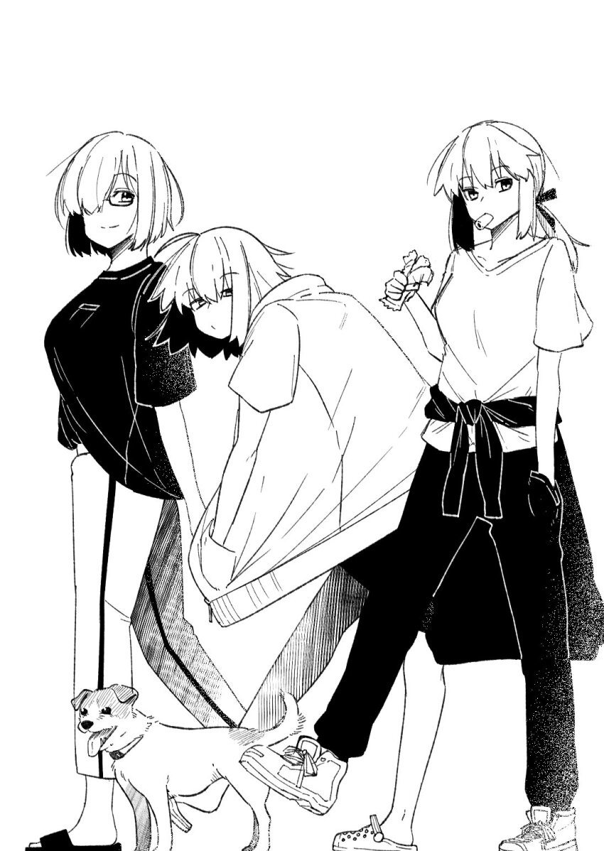 3girls, ahoge, alternate_costume, animal, arms_behind_back, artoria_pendragon_(fate), clothes_around_waist, contemporary
