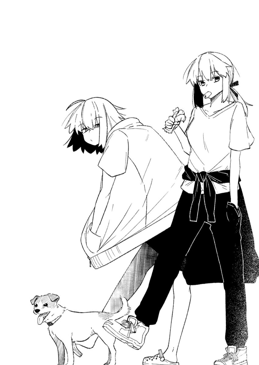 2girls, ahoge, alternate_costume, animal, artoria_pendragon_(fate), clothes_around_waist, contemporary, crocs