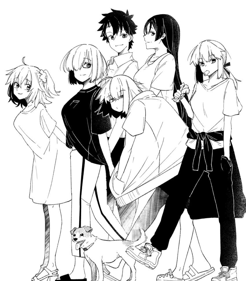 1boy, 5girls, ahoge, alternate_costume, animal, arms_behind_back, artoria_pendragon_(fate), clothes_around_waist, contemporary, crocs, dog, eating, fate/grand_order, fate_(series), fujimaru_ritsuka_(female), fujimaru_ritsuka_(male), greyscale, hair_ornament, hair_over_one_eye, hair_scrunchie, hands_in_pockets, highres, hood, hoodie, jack_russell_terrier, jacket, jeanne_d'arc_alter_(fate), long_hair, looking_at_viewer, mash_kyrielight, minamoto_no_raikou_(fate), monochrome, multiple_girls, nonoitou110, pants, ponytail, saber_alter, scrunchie, shirt, shoes, short_hair, shorts, side_ponytail, sidelocks