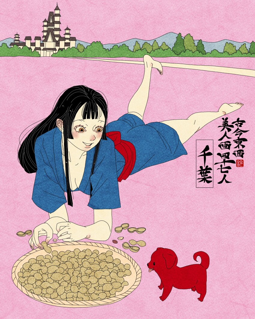 1girl, absurdres, architecture, artist_logo, barefoot, basket, black_hair, blue_kimono