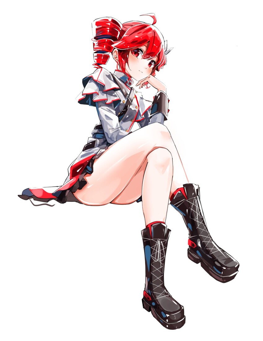 1girl, ahoge, ankle_boots, ankle_socks, ass, belt, black_belt, black_boots, blush, boots, bow, buttons, crossed_legs, double-breasted, double-parted_bangs, drill_hair, expressionless, flat_chest, grey_hair, grey_skirt, hair_bow, hand_up, head_rest, highres, kasane_teto, kasane_teto_(sv), lace-up_boots, layered_skirt, layered_sleeves, lips, long_sleeves, looking_at_viewer, mp777b, red_eyes, red_hair, red_skirt, red_socks, red_trim, shoelaces, shoulder_belt, shoulder_boards, simple_background, sitting, skirt, socks, solo, synthesizer_v, thighs, transparent_background, twin_drills, utau, white_bow