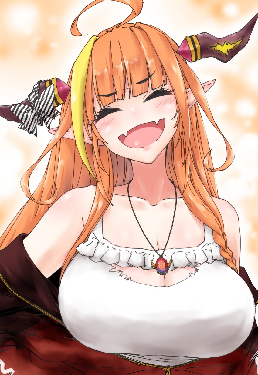 1girl, absurdres, ahoge, blush, bow, breasts, camisole, cleavage_cutout, closed_eyes, clothing_cutout, collarbone, diagonal-striped_bow, fangs, highres, hololive, horn_bow, horn_ornament, horns, itsuku_129, jacket, jacket_partially_removed, jewelry, kiryu_coco, kiryu_coco_(loungewear), large_breasts, multicolored_hair, necklace, open_mouth, orange_hair, pointy_ears, red_jacket, skin_fangs, smile, solo, streaked_hair, striped_bow, virtual_youtuber, white_camisole