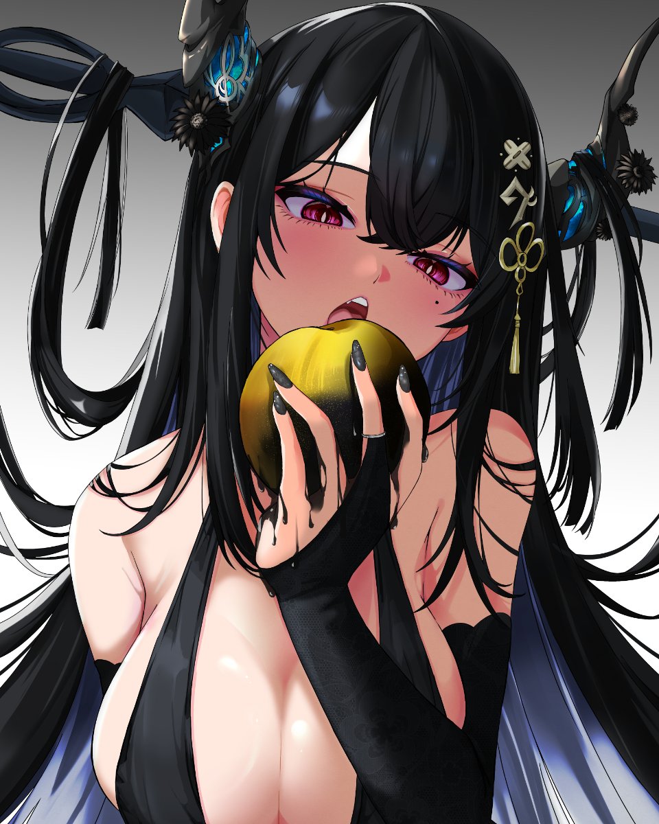 1girl, apple, bare_shoulders, black_hair, black_horns, blue_hair, breasts, food