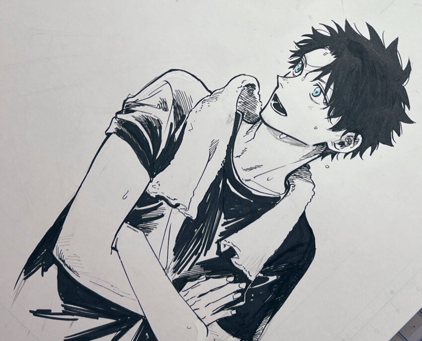 1boy, black_hair, black_shirt, blue_eyes, crossed_arms, fate/grand_order, fate_(series), fujimaru_ritsuka_(male)