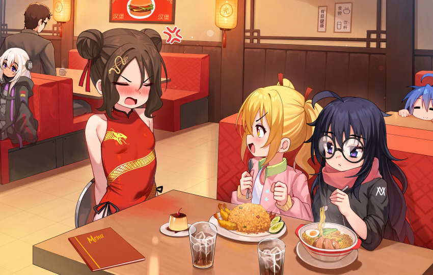 1boy, 5girls, :3, =_=, absurdres, ahoge, anger_vein, arms_behind_back, bare_arms, bare_shoulders, black_hair, black_jacket, blonde_hair, blue_hair, blush, booth_seating, bowl, breasts, brown_hair, burger, character_request, cherry, china_dress, chinese_clothes, chinese_restaurant, clenched_hands, closed_eyes, coffee_mug, commentary, copyright_request, covered_navel, cup, double_bun, dragon_print, dress, drinking_glass, eating, embarrassed, english_commentary, food, fork, fried_egg, fruit, glasses, hair_bun, hair_ornament, hair_ribbon, highres, holding, holding_fork, holding_tray, ice, ice_cube, indoors, izumi_konata, jacket, lantern, larissa_(luxuriou_s), long_hair, long_sleeves, lucky_star, luxuriou_s, meat, medium_hair, mei_(luxuriou_s), menu, mug, multiple_girls, noodles, open_clothes, open_jacket, open_mouth, original, paper_lantern, pink_jacket, print_dress, pudding, purple_eyes, red_dress, red_ribbon, red_scarf, restaurant, ribbon, round_eyewear, scarf, shella_(luxuriou_s), shirt, shrimp, shrimp_tempura, sidelocks, sleeveless, sleeveless_dress, small_breasts, smile, snake_hair_ornament, soda, table, tempura, tile_floor, tiles, tray, twintails, waitress, white_hair, white_shirt, wooden_table, yellow_eyes