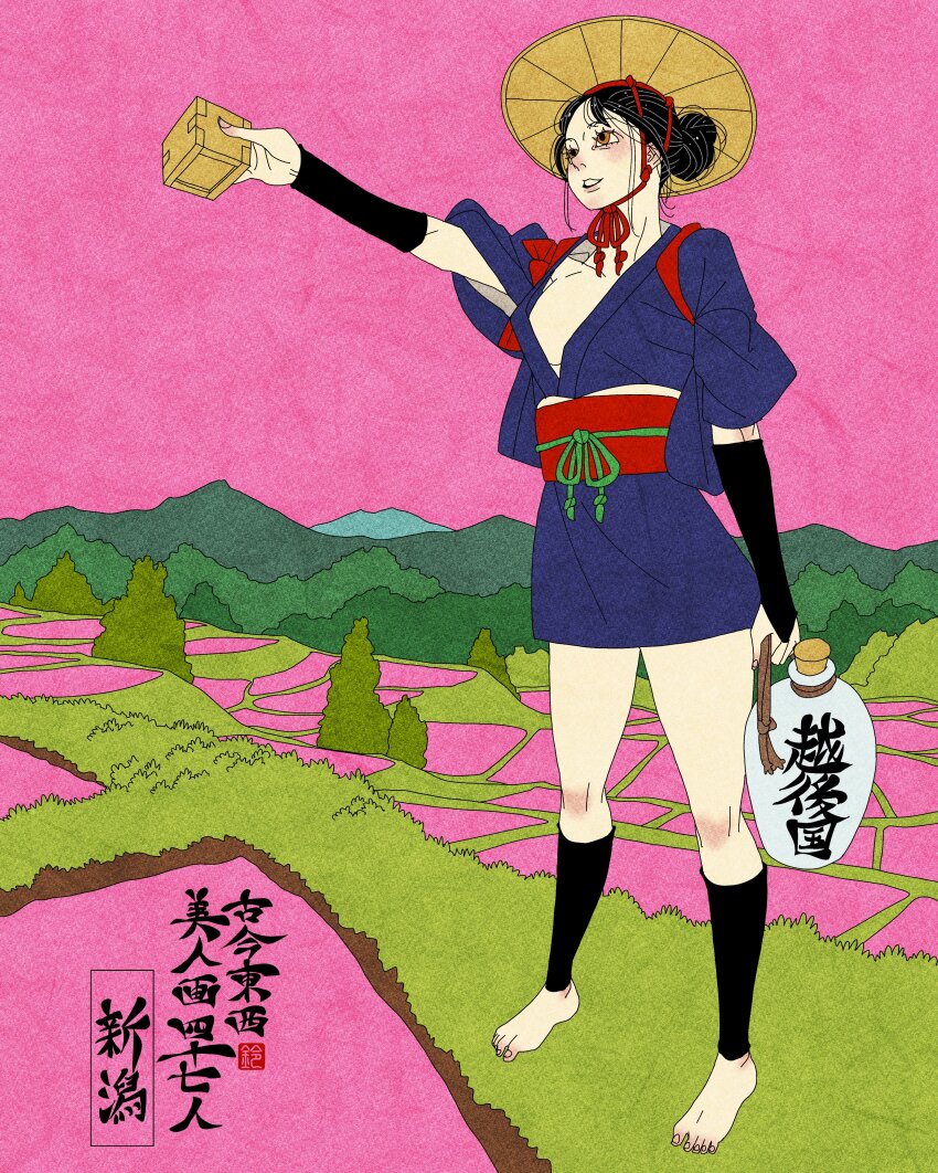 1girl, absurdres, barefoot, black_hair, blue_kimono, breasts, cleavage, commentary, english_commentary, full_body, hair_bun, highres, hill, japanese_clothes, kimono, landscape, looking_to_the_side, niigata_prefecture, obi, original, outdoors, red_sash, rice_paddy, sash, seigo_suzuki, short_kimono, solo, standing