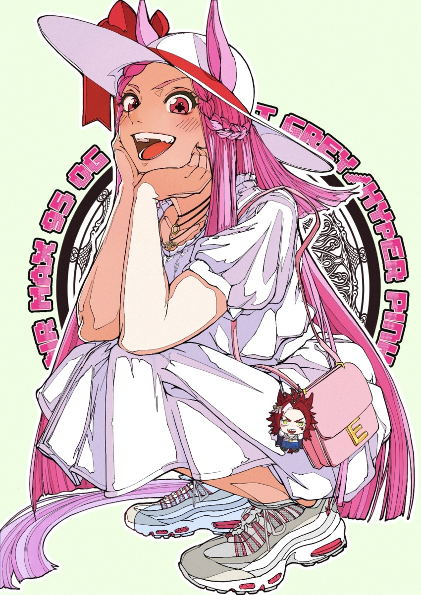 1girl, air_max_95, animal_ears, artist_name, bag, braid, cellphone_charm, character_doll