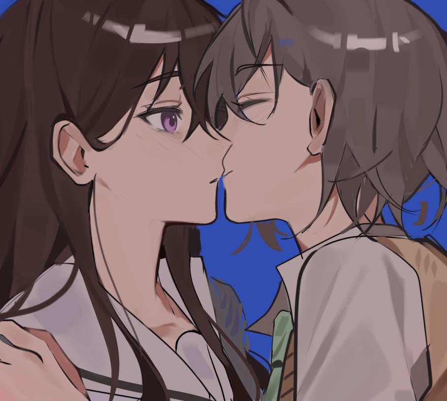 2girls, bang_dream!, bang_dream!_it's_mygo!!!!!, blue_background, brown_hair, brown_sweater_vest, closed_eyes, closed_mouth, commentary, english_commentary, green_necktie, grey_hair, hanasakigawa_school_uniform, hand_on_another's_shoulder, haneoka_school_uniform, imminent_kiss, linh_3l, long_hair, multiple_girls, necktie, parted_lips, purple_eyes, sailor_collar, school_uniform, shiina_taki, shirt, short_hair, simple_background, sweater_vest, takamatsu_tomori, white_sailor_collar, white_shirt, yuri