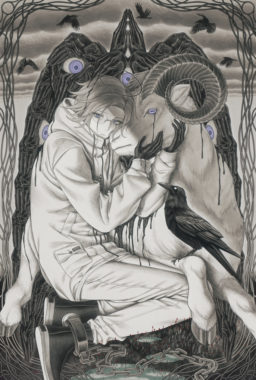 1boy, 7nite, absurdres, aotsuki_eito, bird, black_blood, black_gloves, black_halo