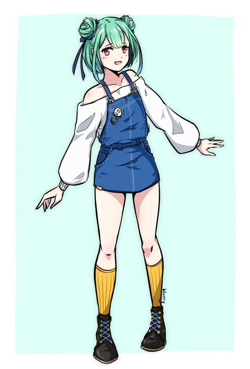 1girl, :d, absurdres, artist_name, bare_shoulders, black_shoes, blue_background, blue_skirt, blurryken, butterfly_pin, double_bun, full_body, green_hair, hair_bun, hair_ribbon, highres, hololive, long_sleeves, looking_at_viewer, open_mouth, overalls, red_eyes, ribbon, shirt, shoes, short_hair, simple_background, skirt, skull_pin, smile, socks, solo, standing, uruha_rushia, virtual_youtuber, white_shirt, yellow_socks