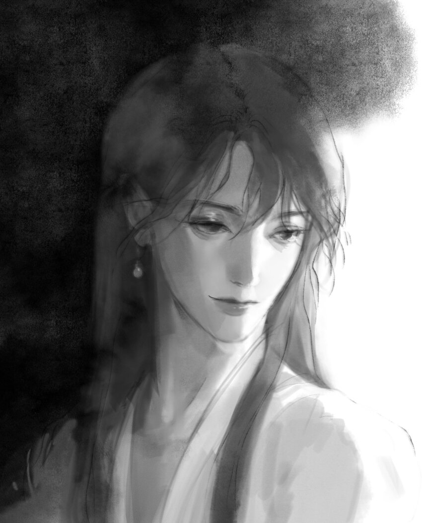 1boy, absurdres, bishounen, chinese_clothes, closed_mouth, earrings, greyscale, hanfu