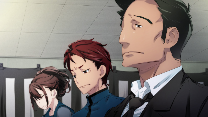 1girl, 2boys, adam's_apple, black_necktie, blazer, blue_sailor_collar, braid, brown_hair