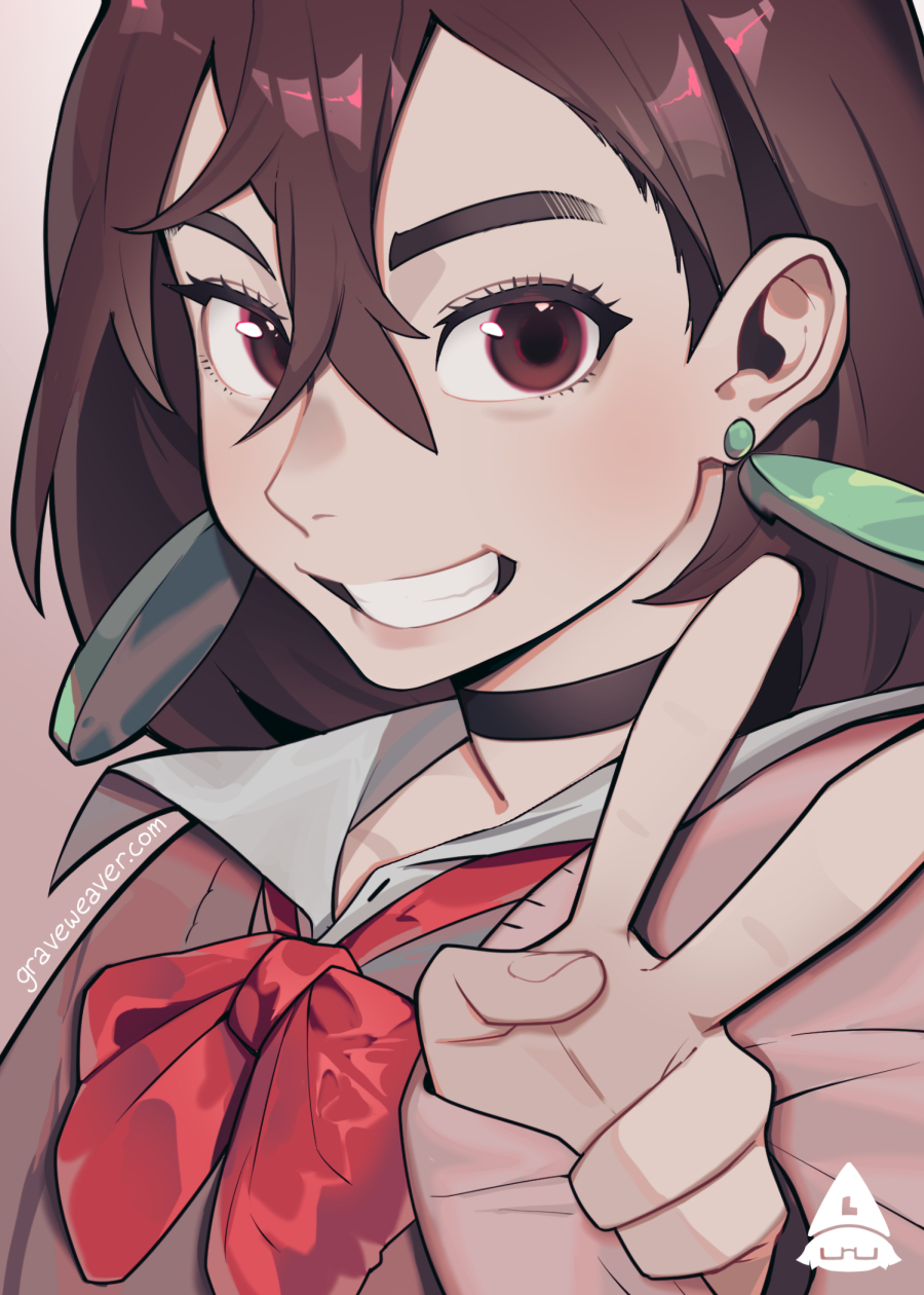 1girl, ayase_momo, black_choker, bow, bowtie, brown_eyes, brown_hair, choker, clenched_teeth, collared_shirt, commentary, dandadan, earrings, english_commentary, floating_earrings, graveweaver, grin, hair_behind_ear, hair_between_eyes, highres, jewelry, looking_at_viewer, loose_bowtie, medium_hair, pink_sweater, red_bow, red_bowtie, school_uniform, shirt, signature, sleeves_past_wrists, smile, solo, sweater, teeth, thick_eyebrows, upper_body, v, white_shirt