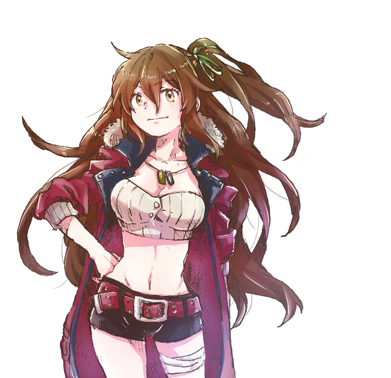 1girl, amy_(another_eden), another_eden, arm_at_side, bandaged_leg, bandages, belt, black_shorts