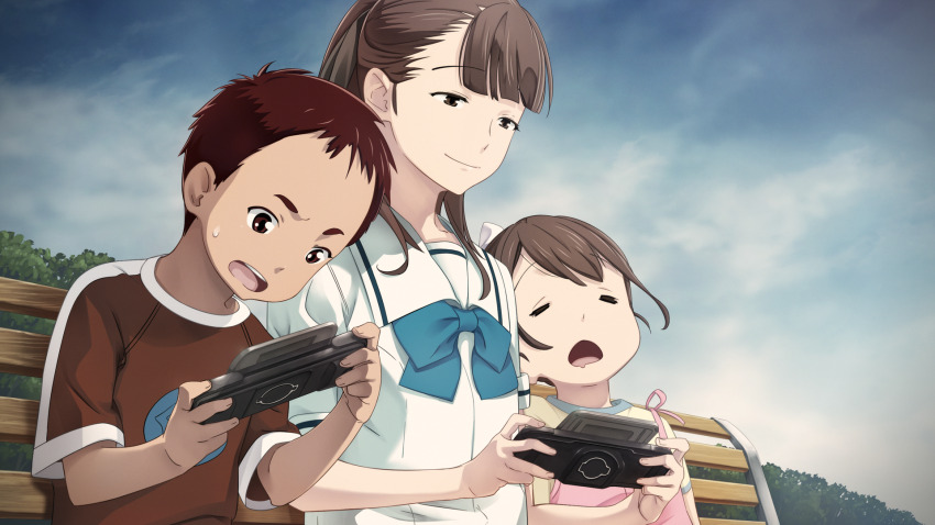 1boy, 2girls, =_=, aged_down, blue_bow, blue_skirt, blue_sky, blunt_bangs