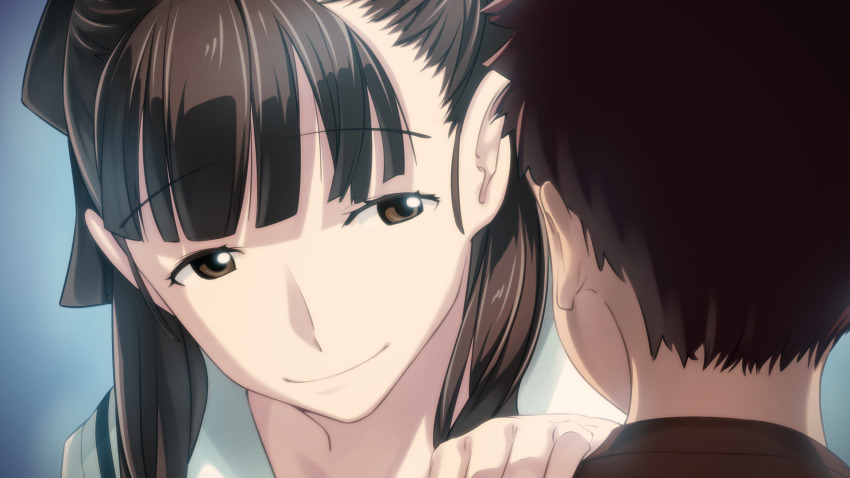 1boy, 1girl, aged_down, blunt_bangs, brown_eyes, brown_hair, child, chuo_tanegashima_high_school_uniform